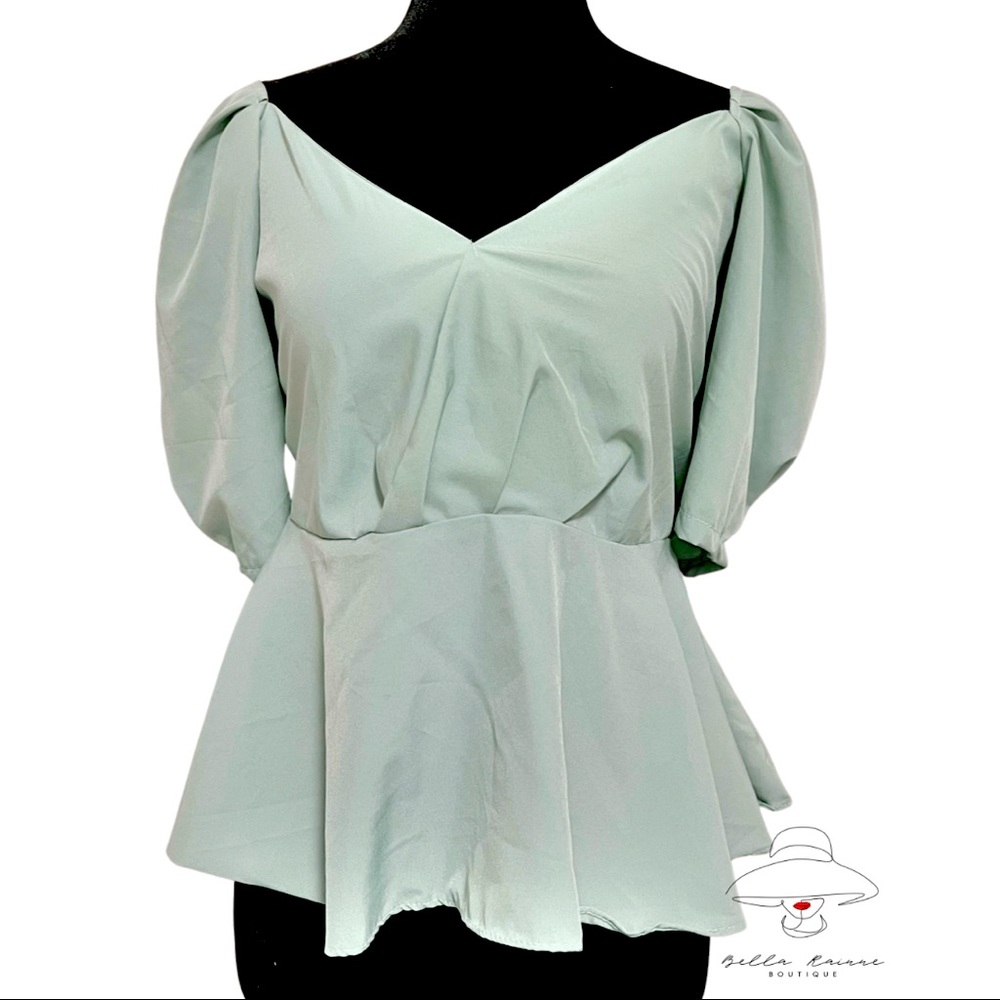 🌟 3/50 🌟 Mint Green V-Neck Peplum Lantern Blouse